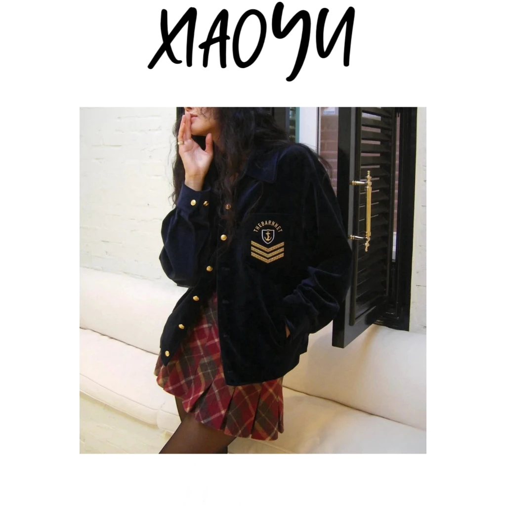 【八学院风外套】S专韩复古丝绒徽章刺绣翻领夹克2002