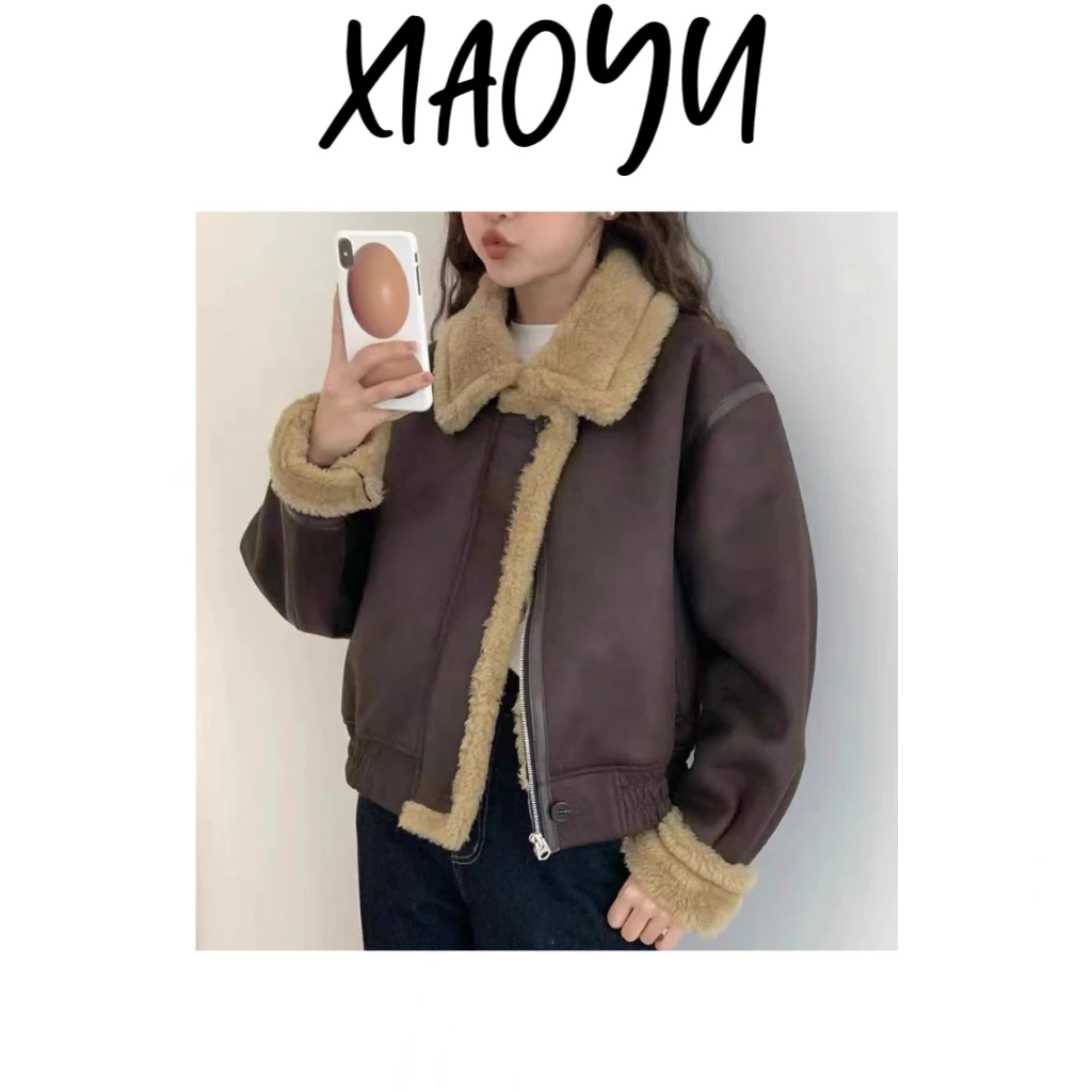 【蛋皮毛一体夹克】S韩单eg翻领羊羔毛外套机车风洋气短外套2270