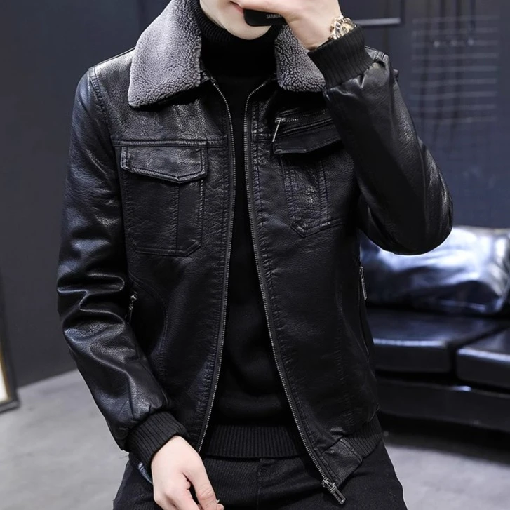 潮牌男士外套男秋冬款加绒保暖修身皮夹克休闲百搭皮衣男款外套