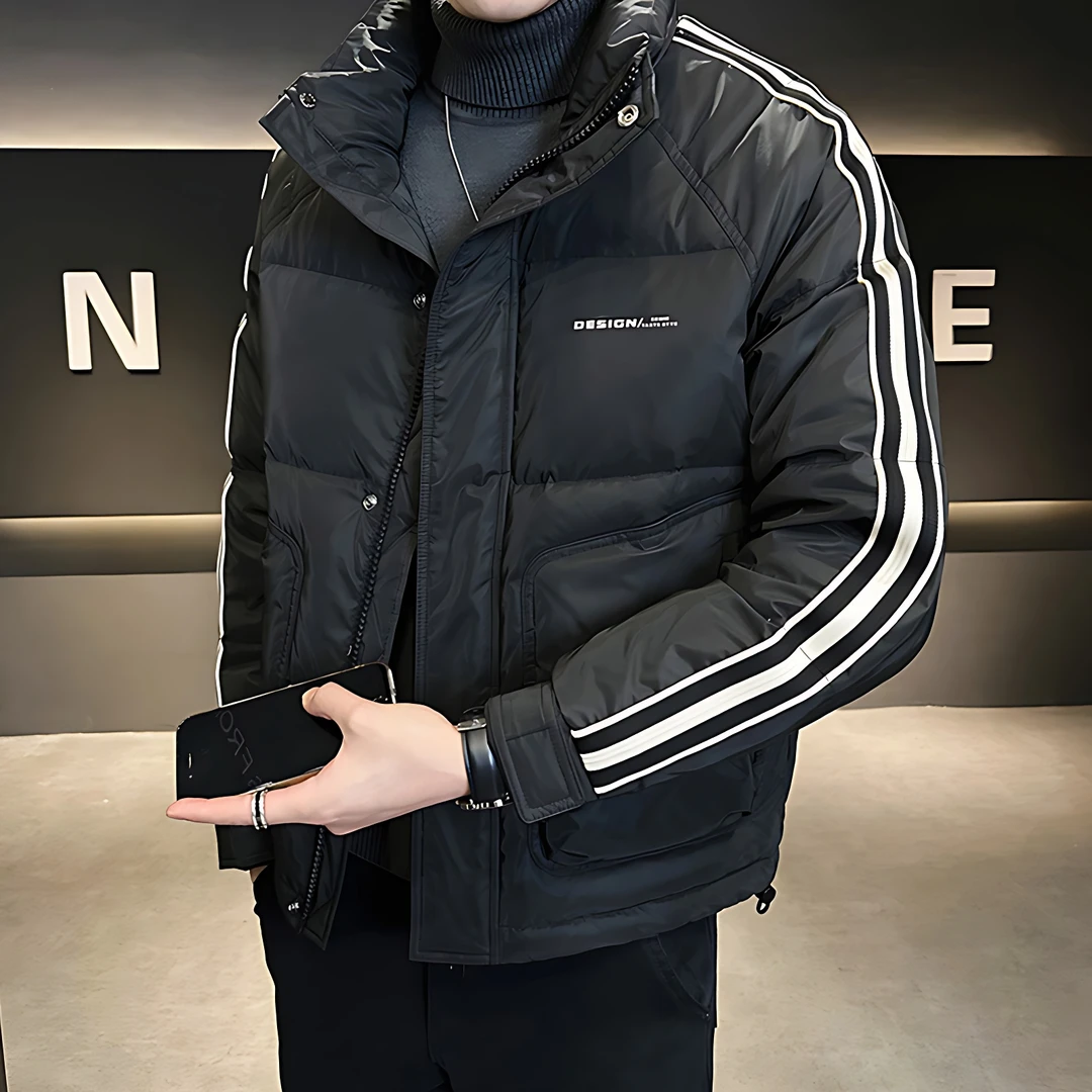 潮牌男装男士外套男秋冬款帅气立领修身条纹拼接加厚男款羽绒服男