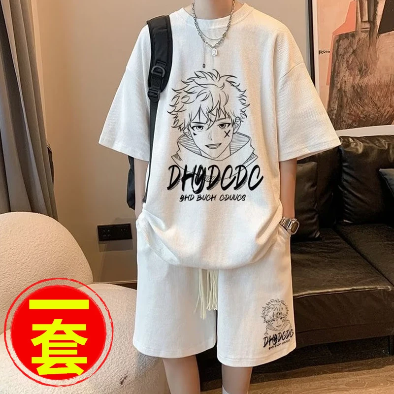 夏季套装男生休闲运动青少年学生五分袖短裤一套潮流百搭