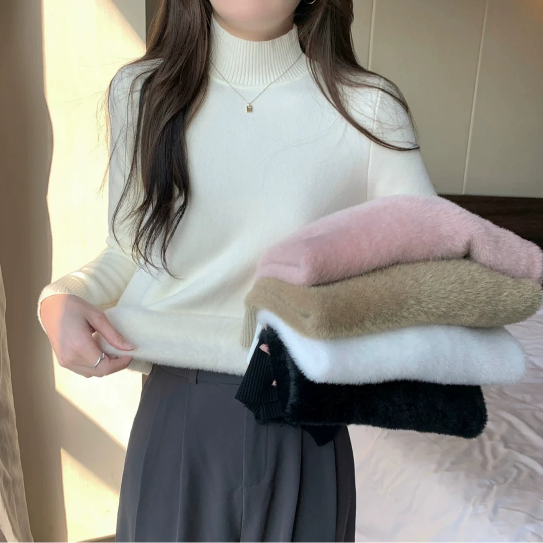 半高领加绒加厚一体绒保暖上衣女2023秋冬时尚百搭韩版套头