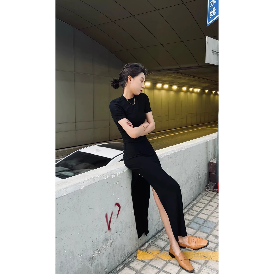 【娇娇私服定制】新款简约国风弹力修身开叉连衣裙（裙长120）888#