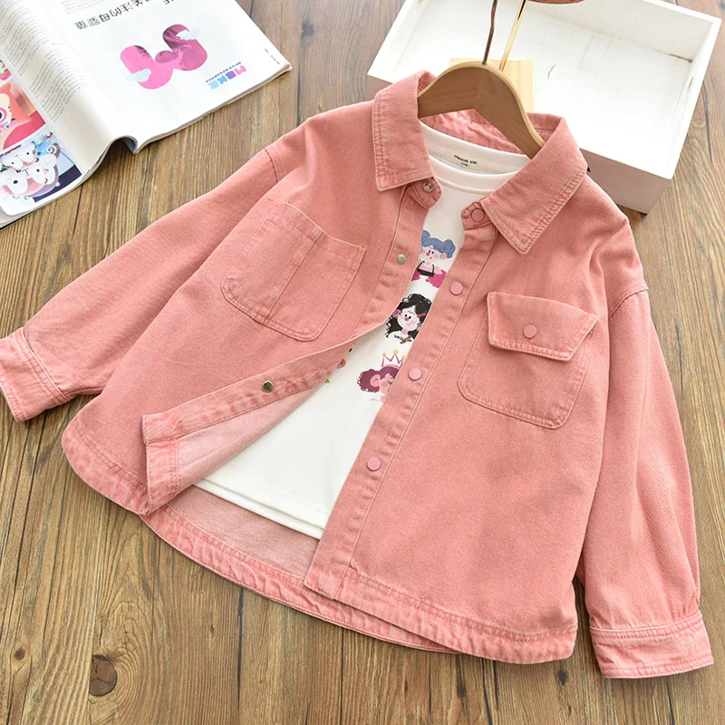 洋气实用|女童粉色软牛仔外套 中大童纯棉宽松韩版开衫上衣24春