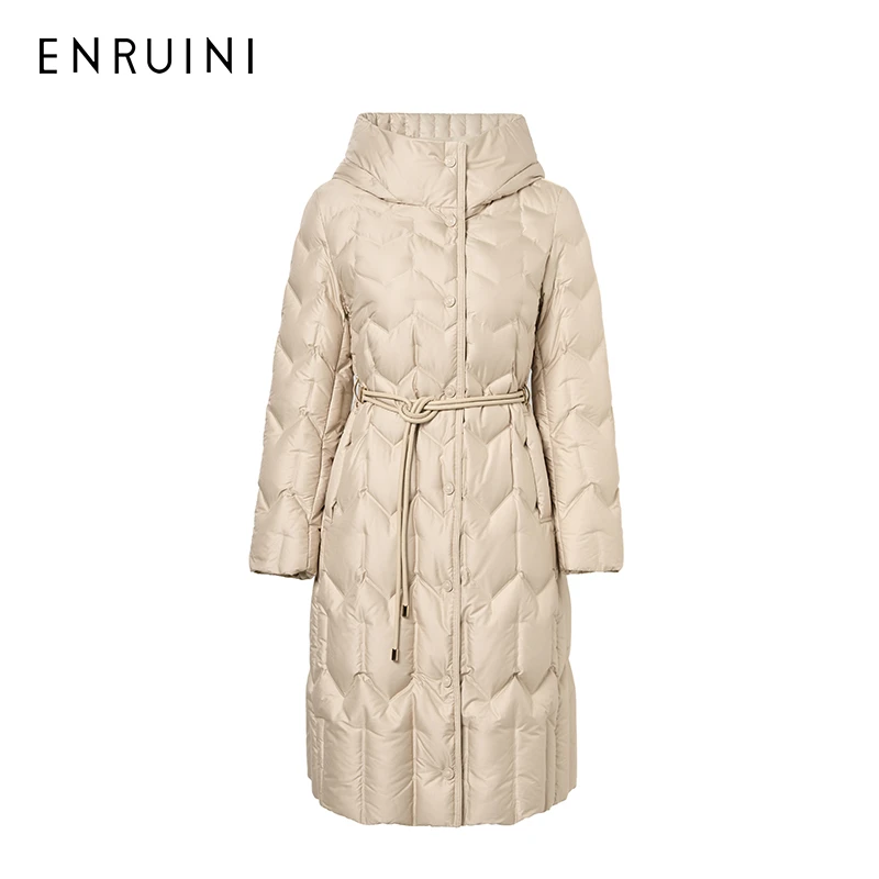 恩瑞妮羽绒服收腰连帽修身冬季女士长款90绒气质羽绒服ERDYOB715