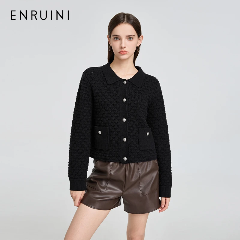 恩瑞妮针织衫气质长袖小香风黑色秋冬翻领设计师毛衣ERDZOA202
