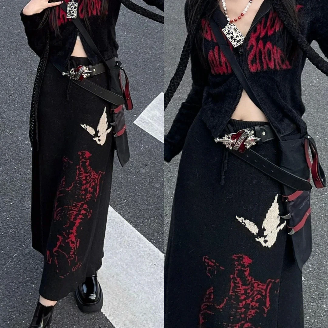 秋冬款针织蝴蝶裙两面穿裙子显瘦暗黑系列中长款半身裙休闲两件套