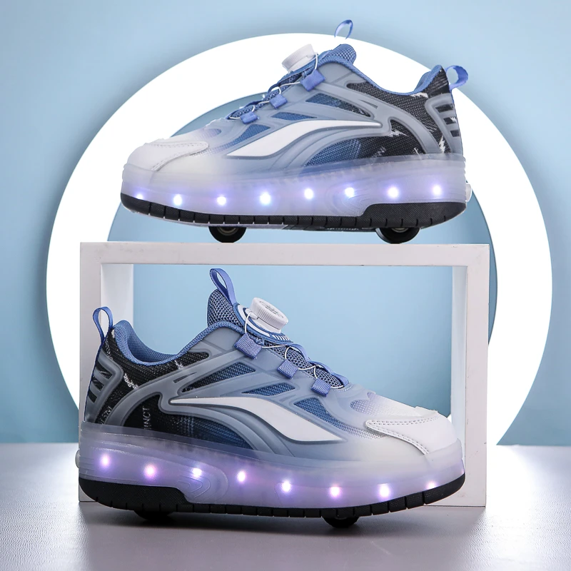 儿童暴走鞋春夏季透气男童带灯可收缩溜冰鞋女童滑轮夜光运动鞋潮