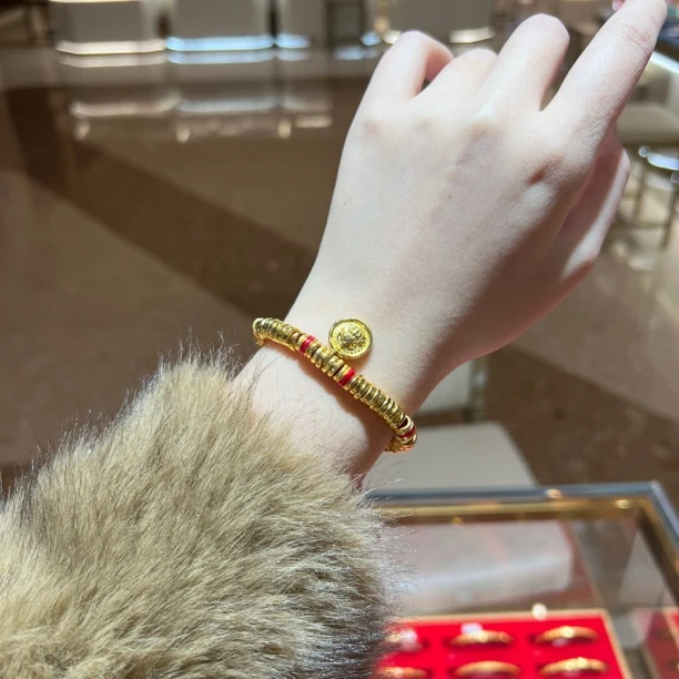 足银珐琅手链 六六大顺黄财神盘缠手串