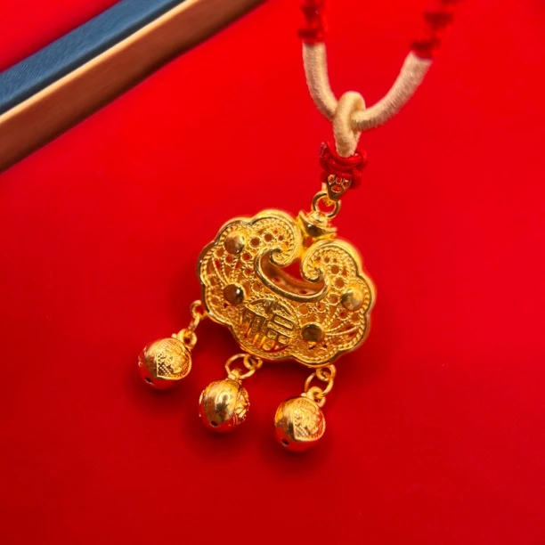 吊坠足银 铃铛福字小锁包真金包真银黄金色质感999不掉色