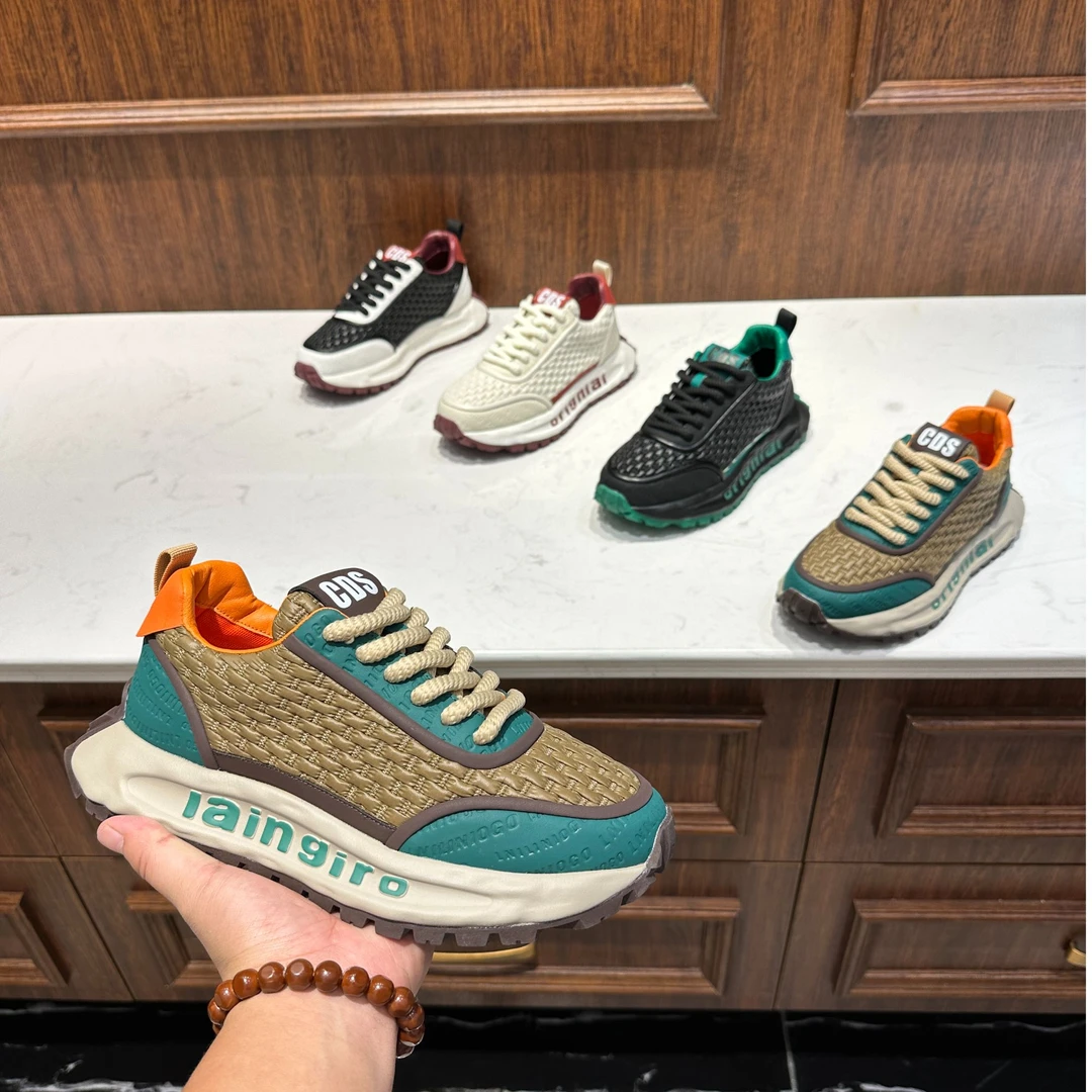 男鞋2024阿甘慢跑运动潮流皮面厚底舒适百搭时尚防滑轻奢潮鞋男