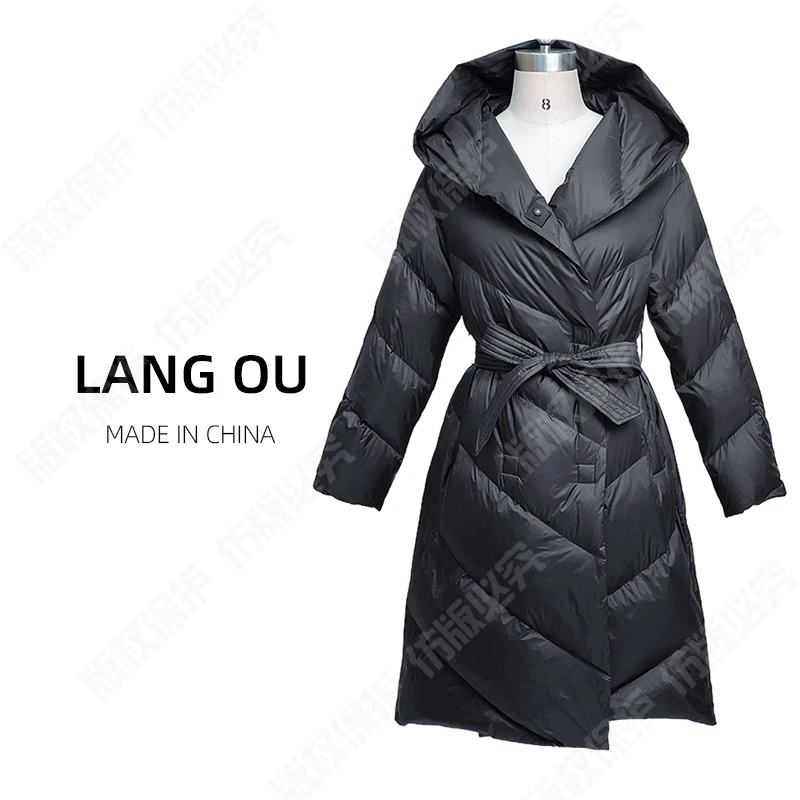 【LANG  OU】反季冬95白鹅绒轻奢鹅绒服中长收腰连帽羽绒服女2288