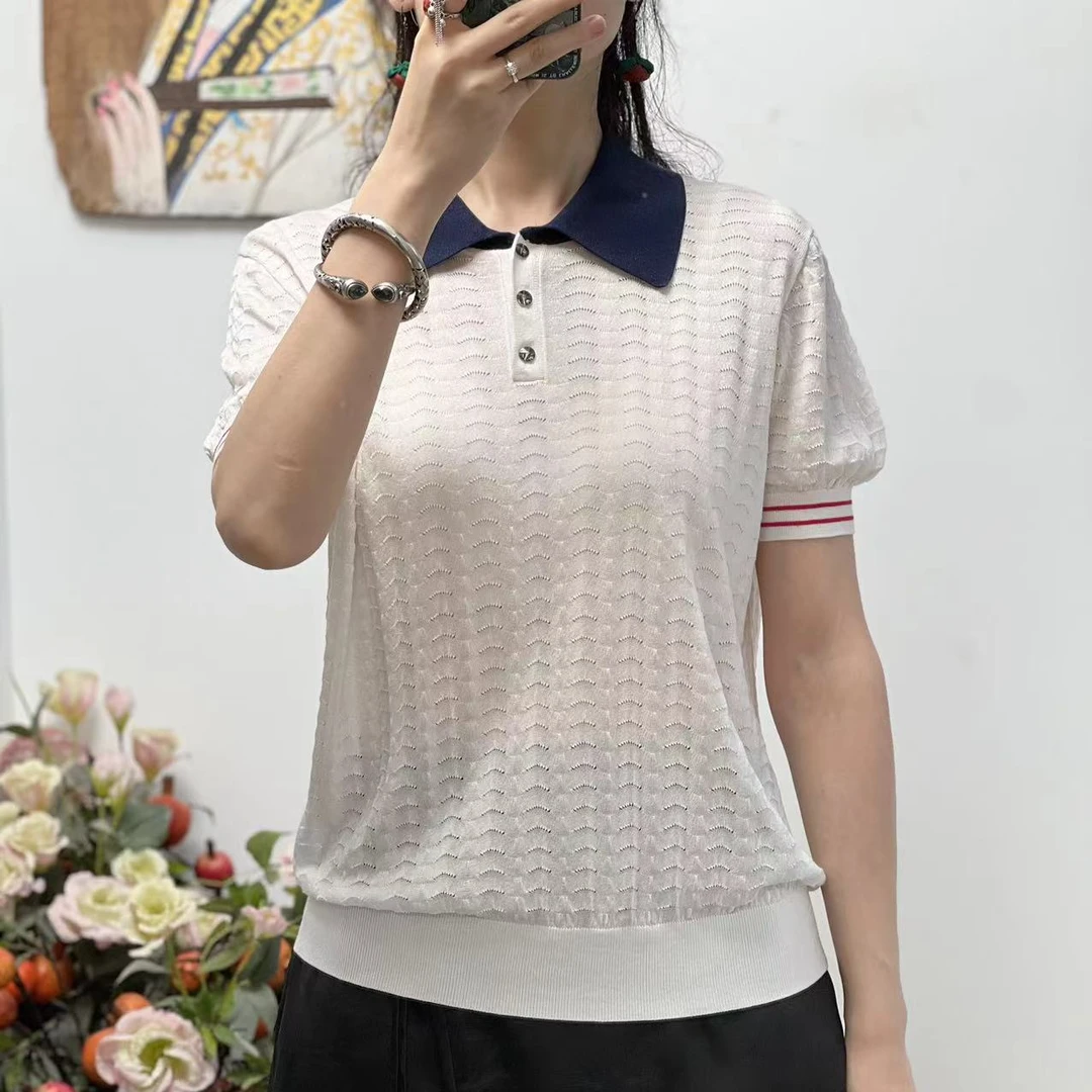 夏季POLO领时尚百搭气质休闲简约针织翻领薄款女士短袖（MTT2662）