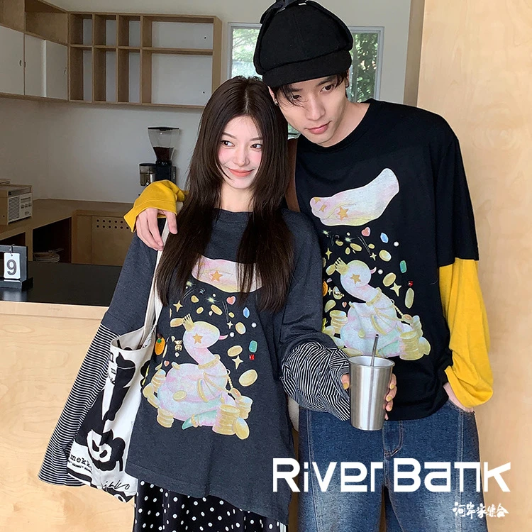 河岸家买手店设计师YANAG点蛇成金印花假两件黑色长袖T恤25春