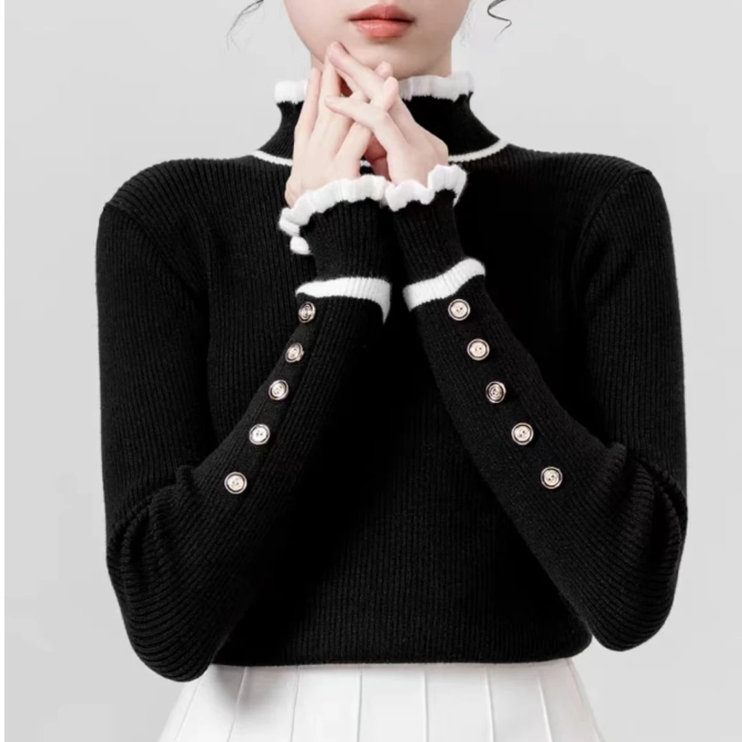 百搭木耳边毛针织衫2024年秋冬打底衫堆堆领半高领修身长袖黑色L