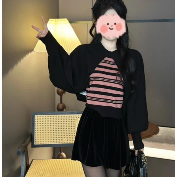 韩版洋气软糯外搭披肩罩衫条纹背心针织衫毛衣半身裙三件套套装女