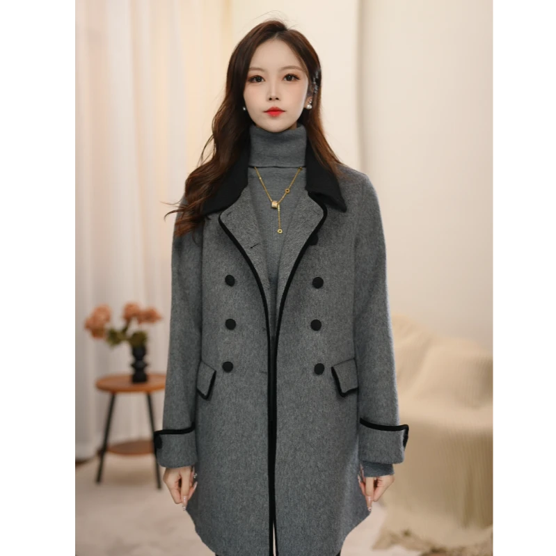 【向南美学】8484035双面毛呢100%羊毛大衣女冬新款宽松赫本外套