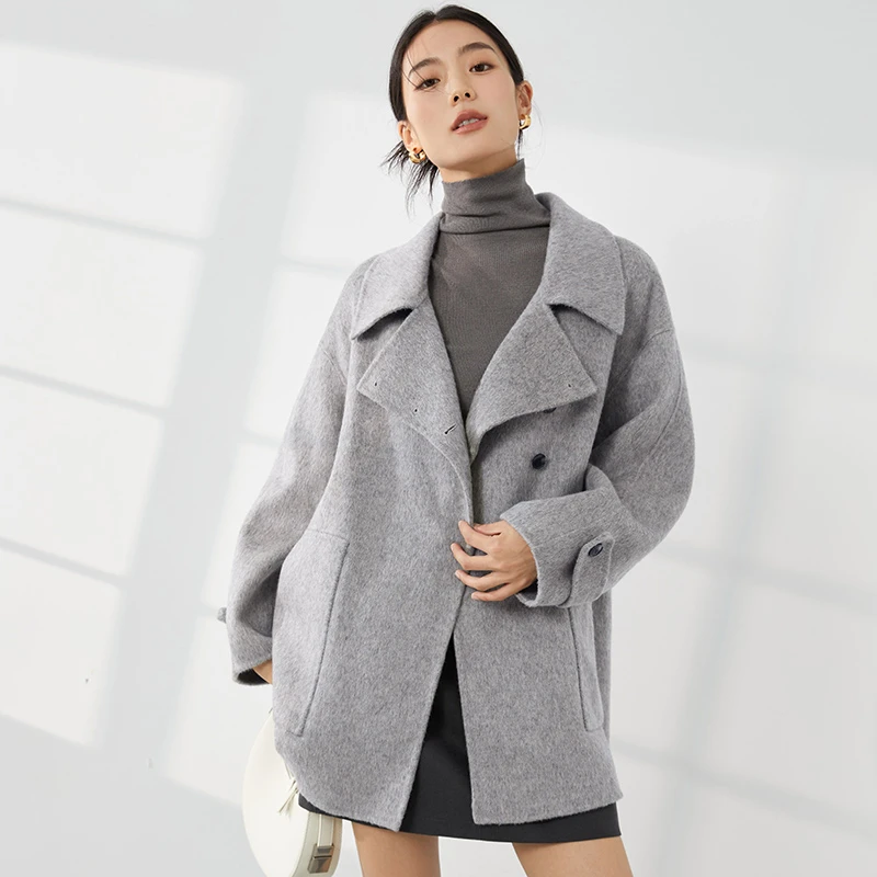 【向南美学】高级灰8384006女大衣宽松韩版秋冬双面呢休闲翻领时