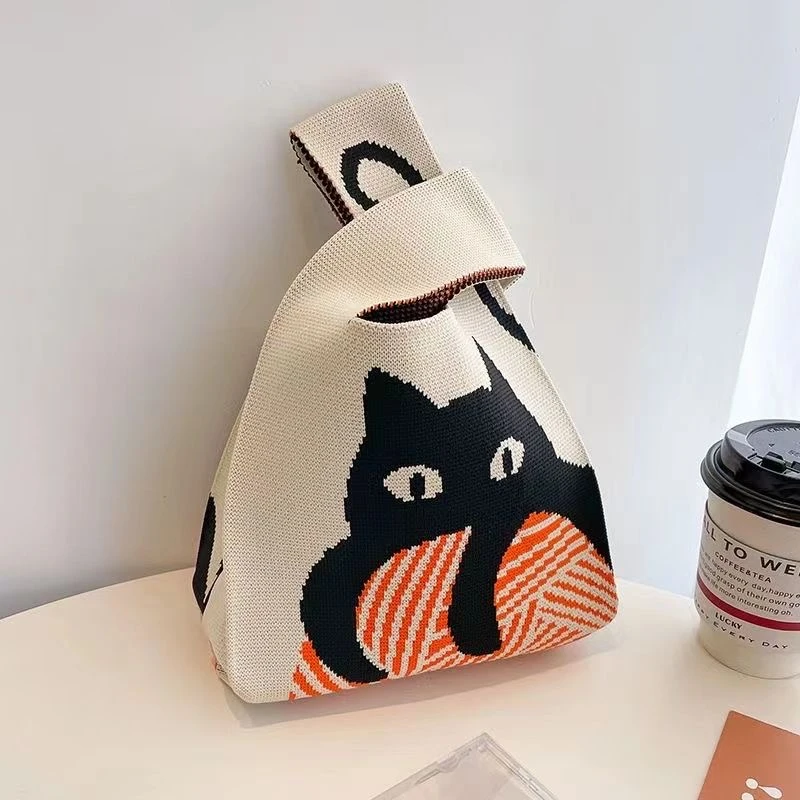 小众质感卡通猫咪手提包针织背心包逛街春夏百搭休闲托特包手拎包
