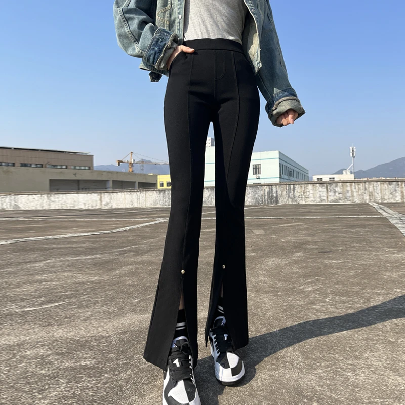 黑色微喇裤女秋冬2023春秋弹力高弹小个子高腰马蹄裤开叉喇叭裤