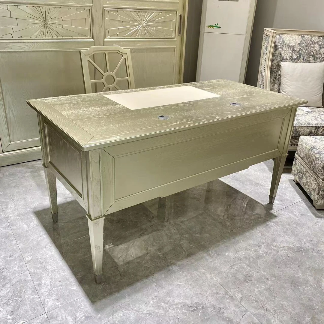 美式轻奢实木家用书房成套长方形办公桌极简书桌书柜书椅