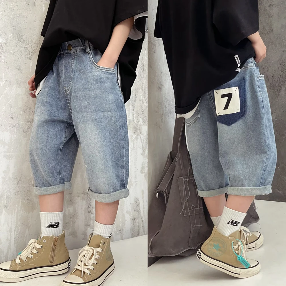 洋气男女童牛仔裤弹力夏季薄款六分裤中大童休闲裤B6259