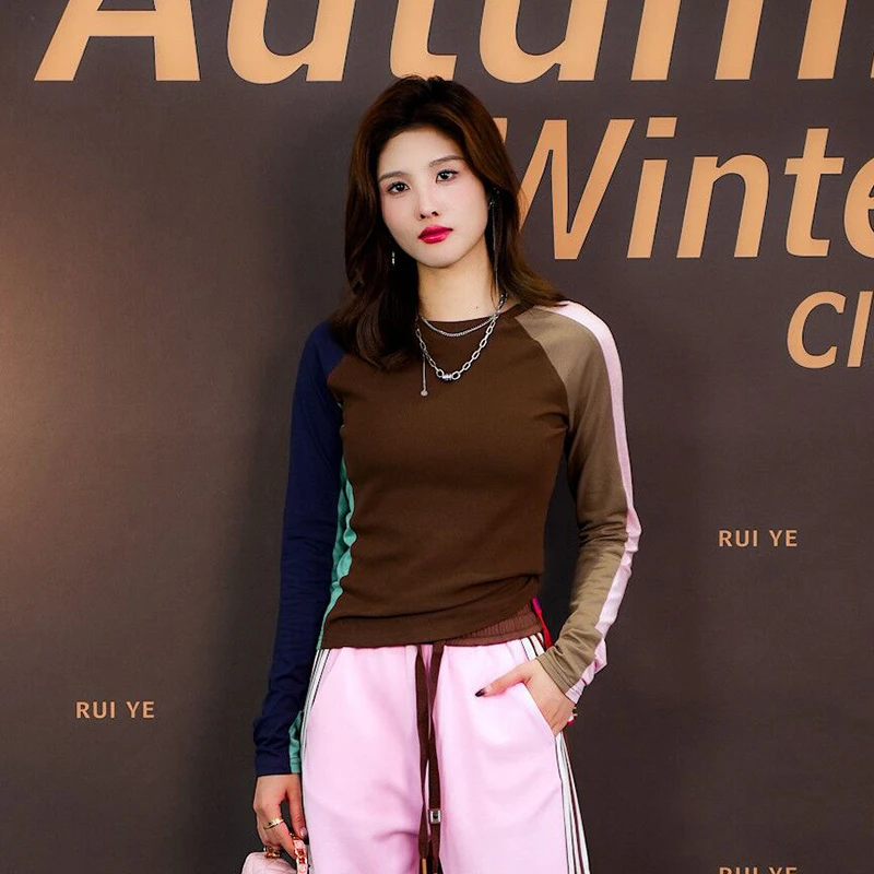 JY3TXD103251设计感撞色拼接百搭秋冬新款时尚打底长袖T恤女