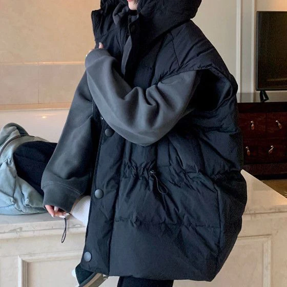 大码微胖妹妹连帽坎肩设计抽绳显瘦宽松秋冬加厚无袖马甲女