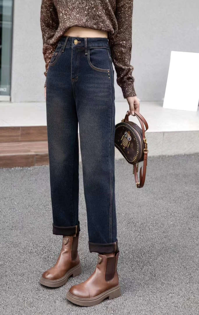 【XHH  8282-8272】时尚百搭休闲加绒高腰牛仔显瘦老爹裤