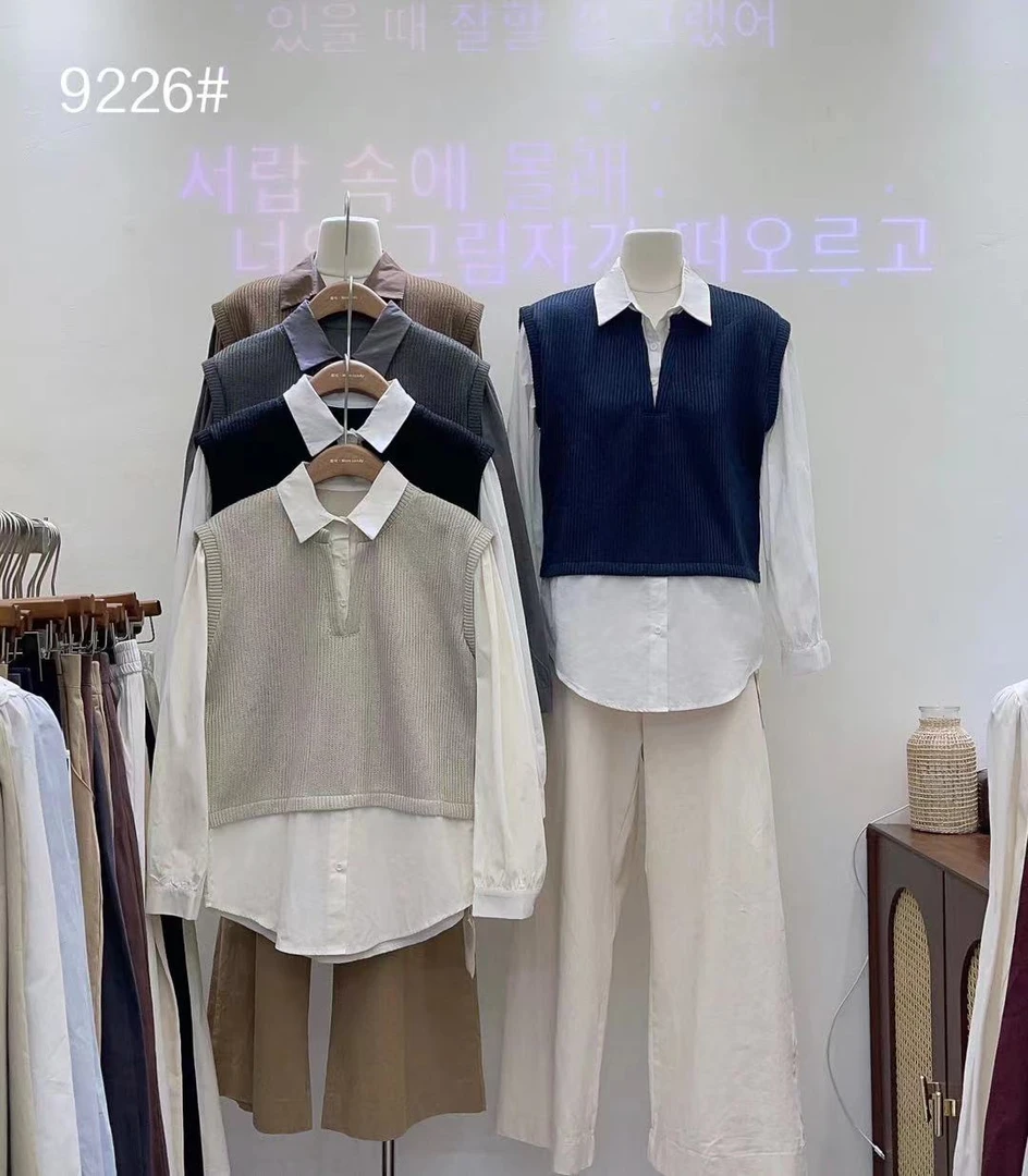 【MK 9226】休闲学院风长袖早秋小众假两件针织拼接衬衫