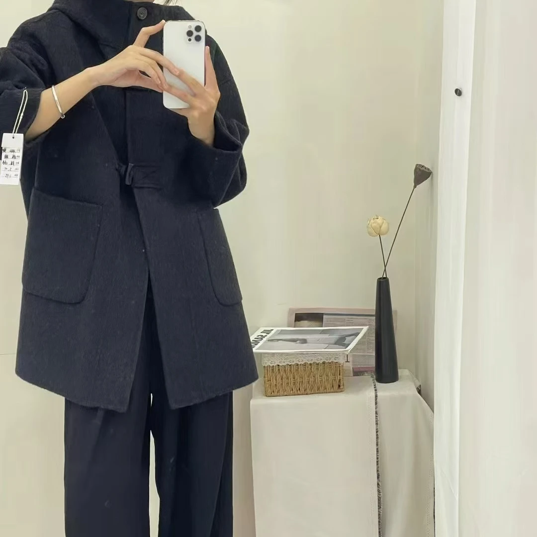 【3588】冬季连帽中长款双面大衣宽松版纯色时尚外套