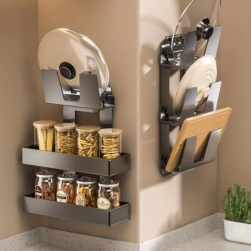 苏英厨房置物架锅盖架家用壁挂式免打孔调料收纳架多层砧板放置架