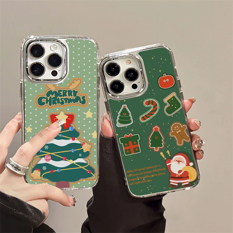 少女风韩系ins手机壳圣诞老人送礼镜面镂空适用苹果15promax新款