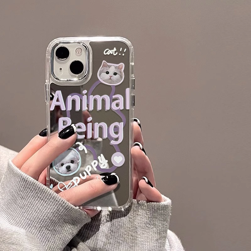 紫猫狗适用苹果14promax手机壳镜面iphone13镜子11女15补妆12外壳