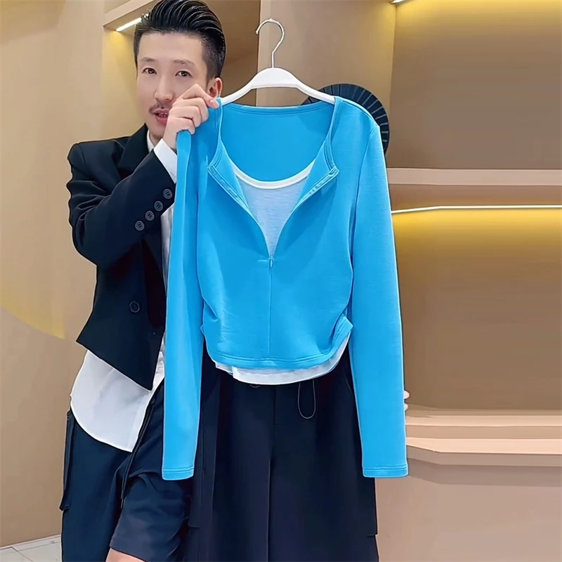 高级感拼接假两件长袖t恤女秋季新款大码胖mm显瘦打底收腰V领上衣