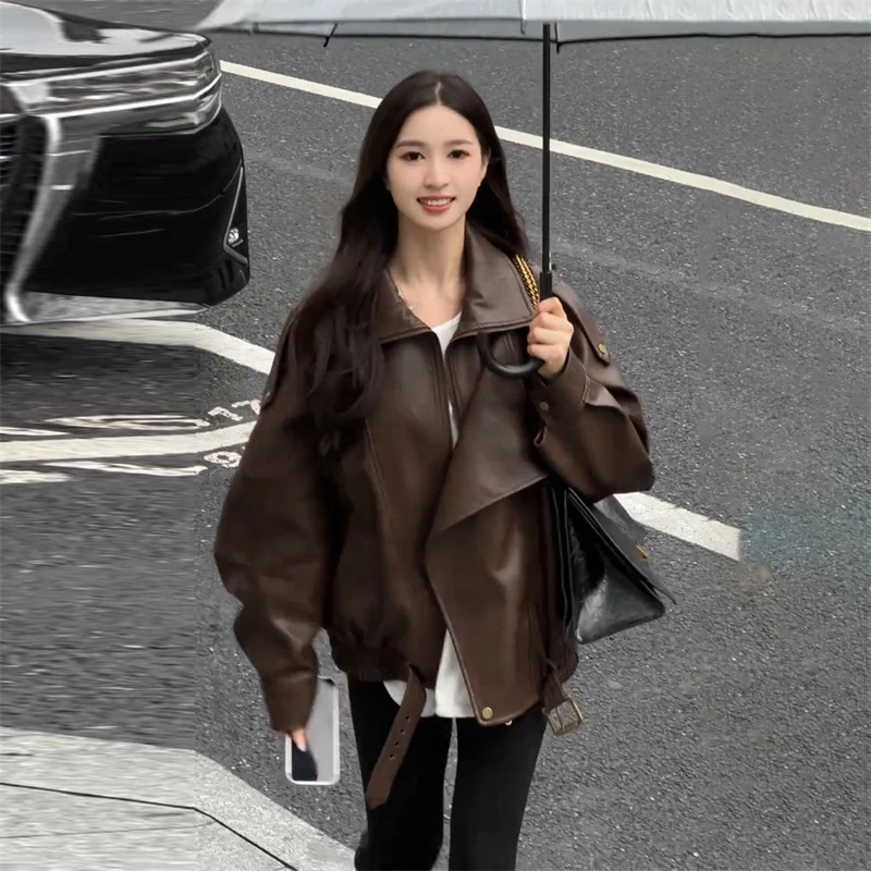 秋季韩系通勤气质外套女2024减龄设计感网红皮衣宽松个性百搭上衣