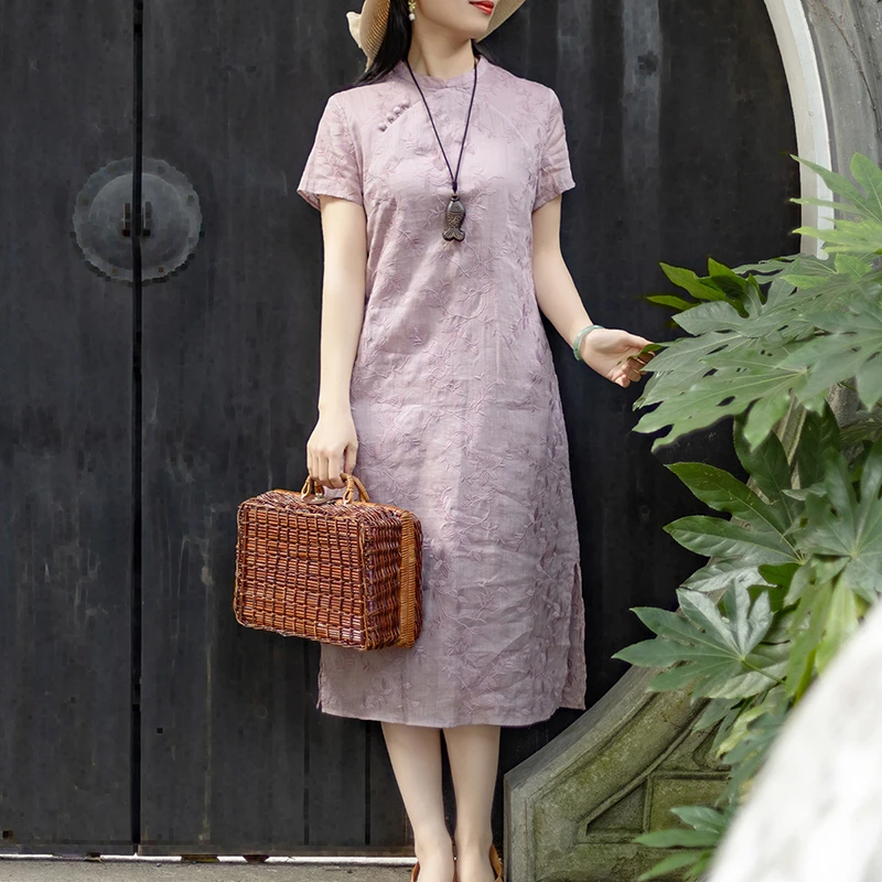 念江南气质复古重工刺绣苎麻改良旗袍裙女夏立领减龄雅致连衣裙