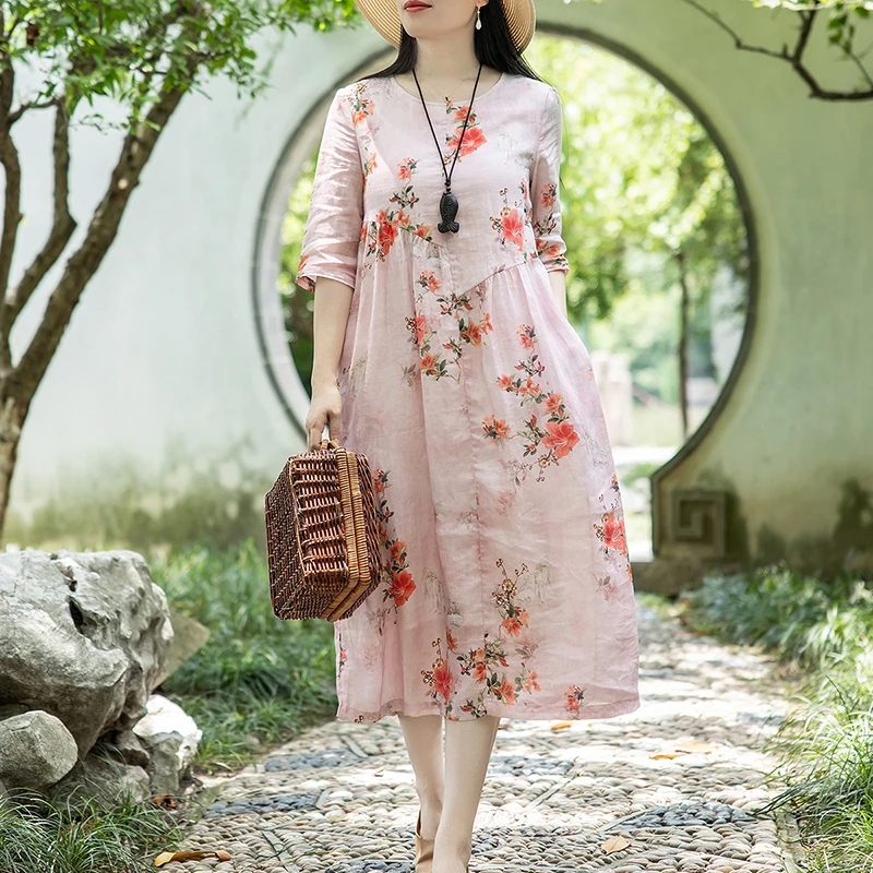 念江南文艺印花小众拼接设计垂坠感连衣裙女温柔度假风苎麻裙子