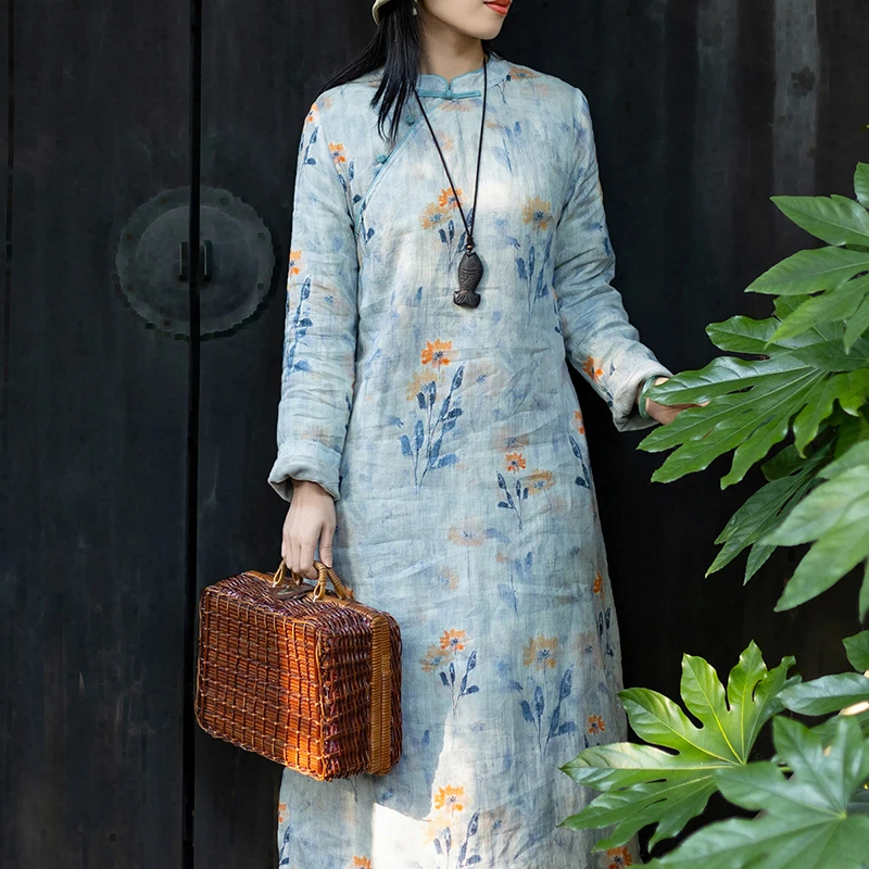 念江南清新气质苎麻印花加绒新中式改良旗袍裙女复古立领盘扣裙子