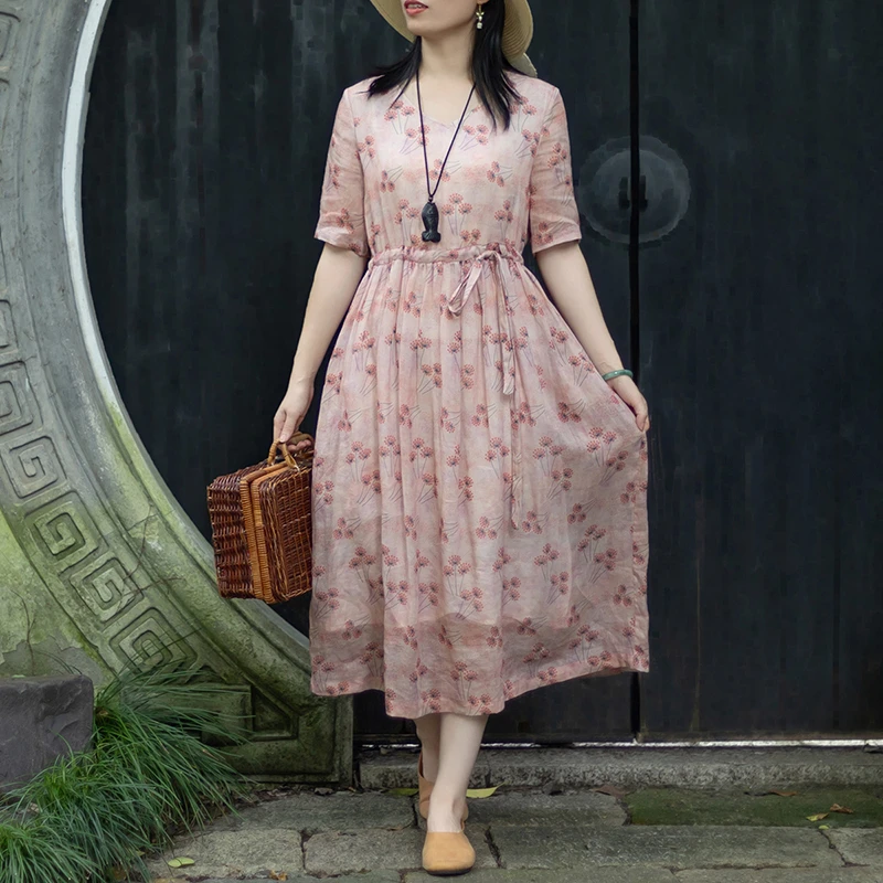 念江南温柔风气质苎麻印花V领大摆连衣裙女文艺减龄设计感裙子
