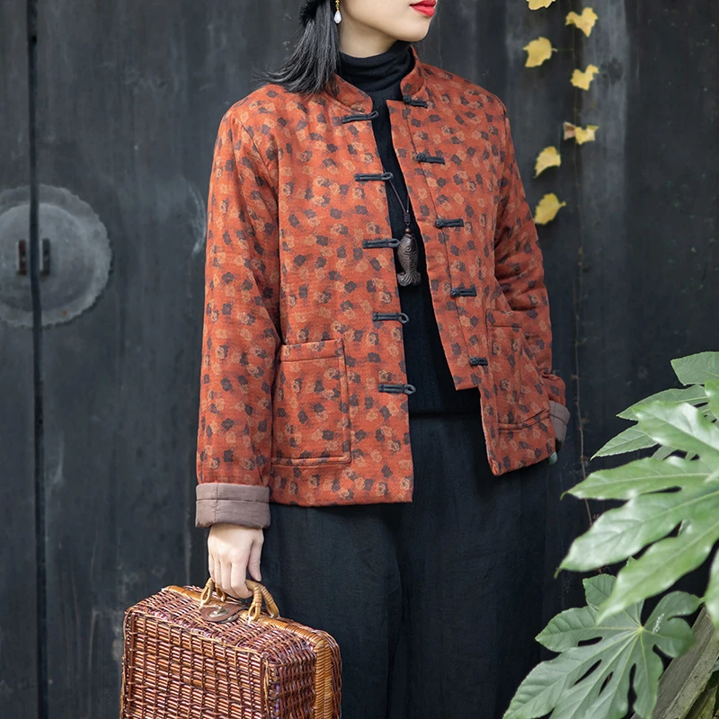 念江南温暖感衬肤显白棉麻碎花棉服外套女小立领撞色盘扣绗棉棉袄