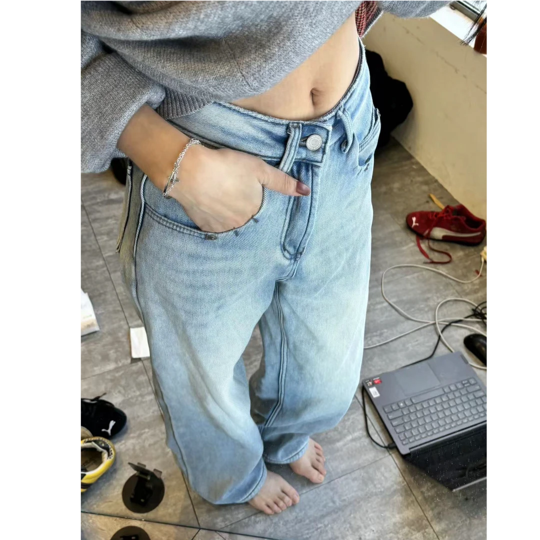 复古水洗蓝加绒做旧直筒牛仔裤女装早秋阔腿裤宽松拖地裤长裤