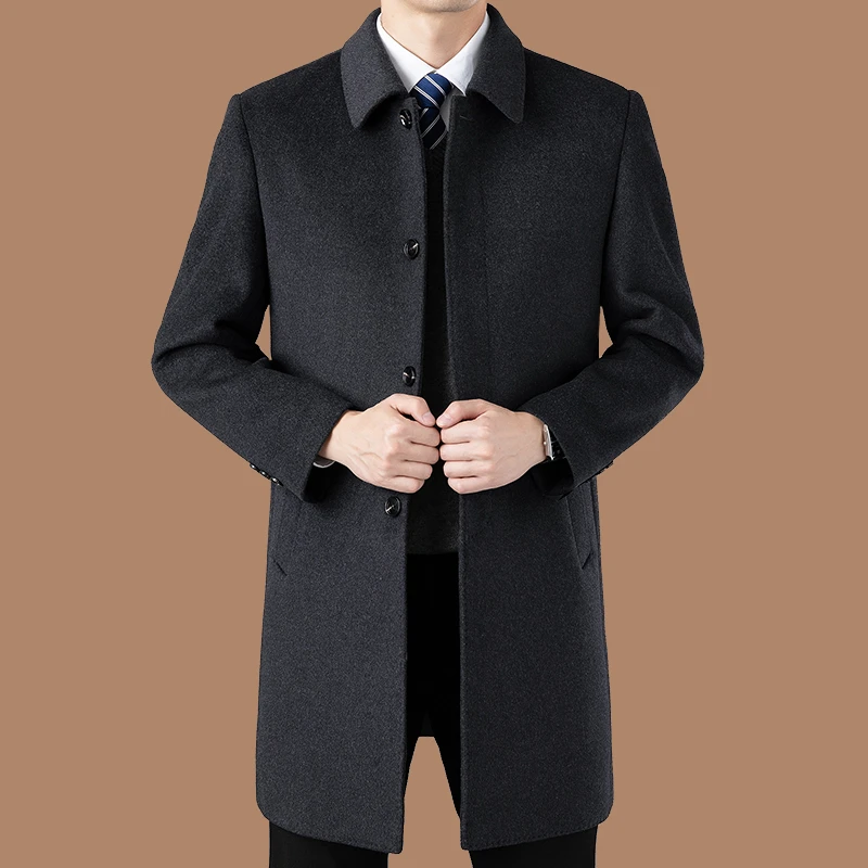秋冬毛呢大衣中老年中长款翻领纯色风衣加厚商务休闲男呢子外套