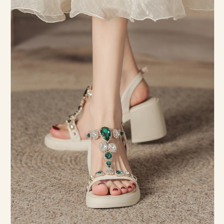 6.5CM厚底凉鞋女夏季新款外穿水钻配裙子时尚粗跟仙女风高跟鞋女.