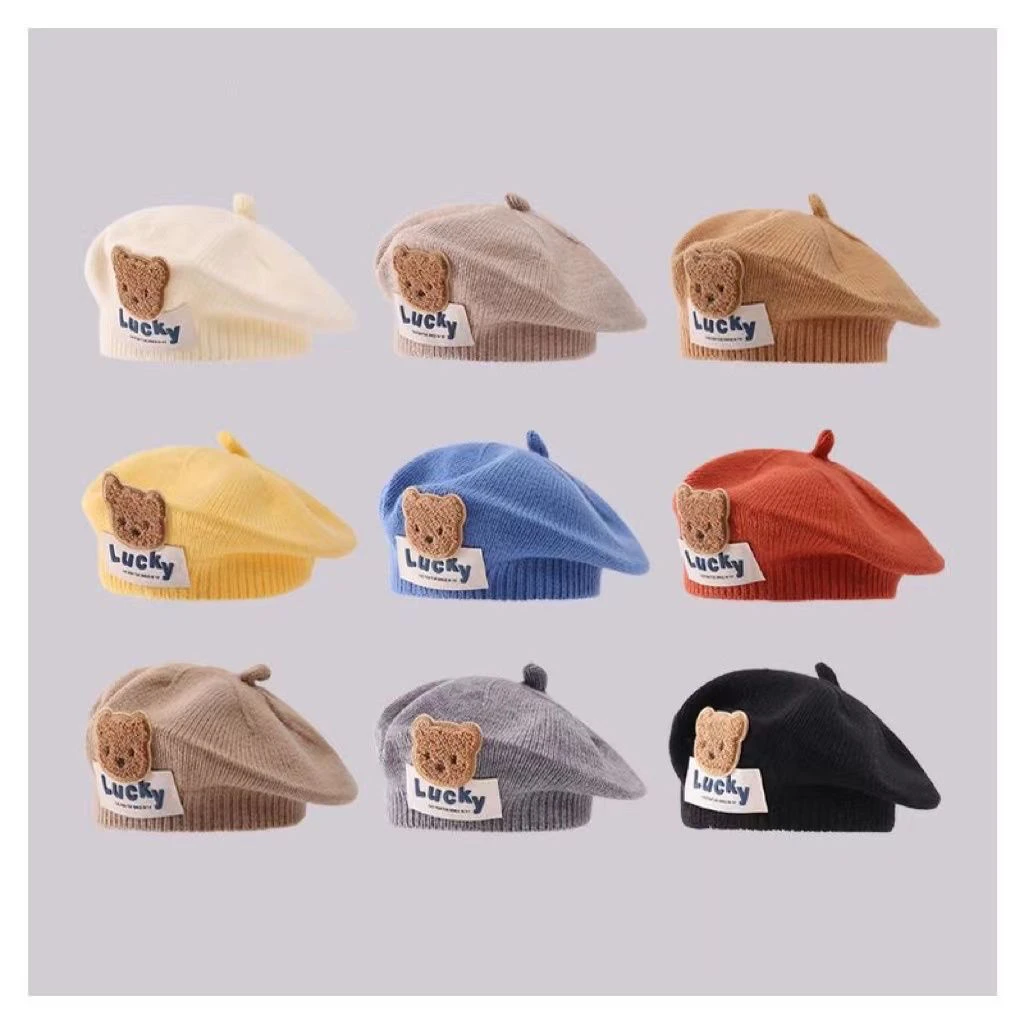 儿童贝雷帽女宝宝帽子秋冬季韩版小熊婴幼儿男童针织毛线画家帽潮