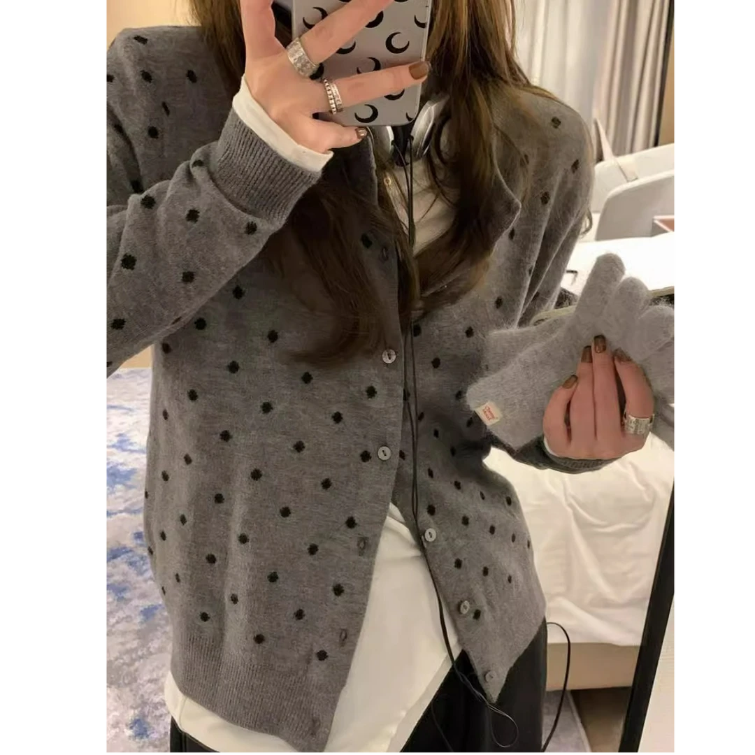 灰色波点针织开衫女春季2024新款叠穿设计感小众显瘦长袖内搭上衣
