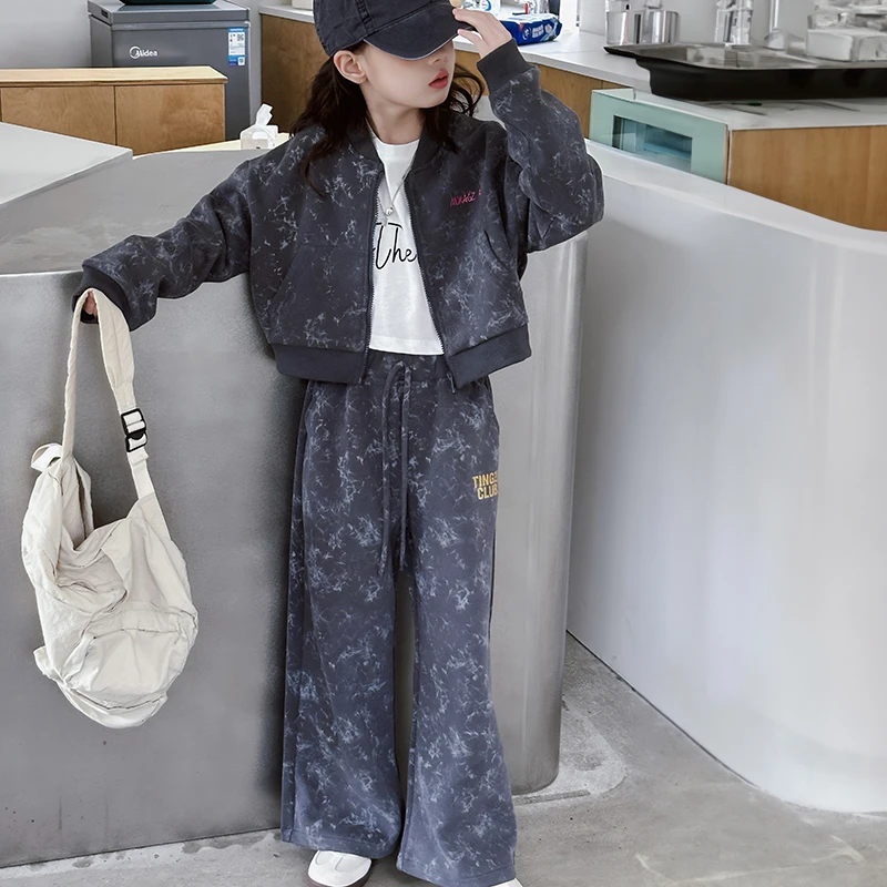 女童扎染套装秋2024新款中大童短款印花外套韩版阔腿裤上衣洋气