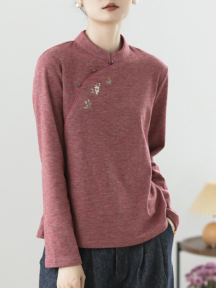 加绒2024新款小立领刺绣复古新中式国风珠扣百搭打底上衣女