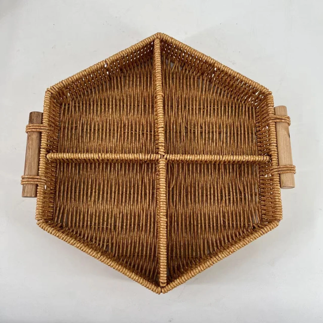 J14棕色六边形无盖家用客厅分格点心收纳框纯手工编织31*31*6