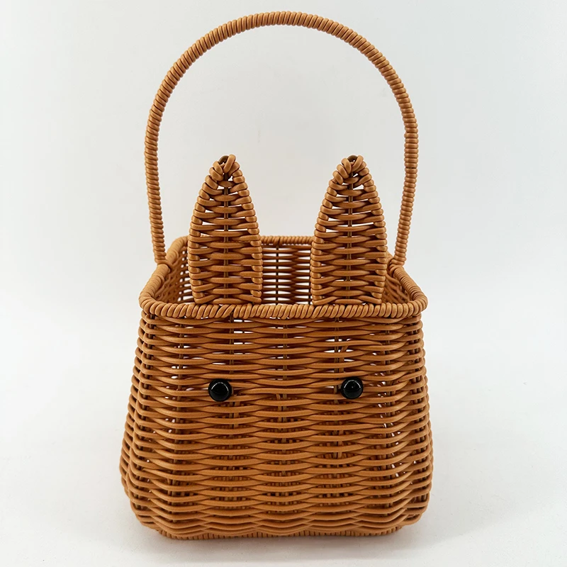 H18棕色正方形单提手兔子收纳购物篮纯手工编织17*总高32